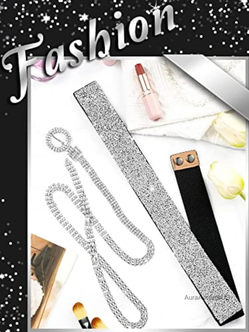2 Stretchy Rhinestone Glitter Belts O Ring Buckle Bling Dress Belts